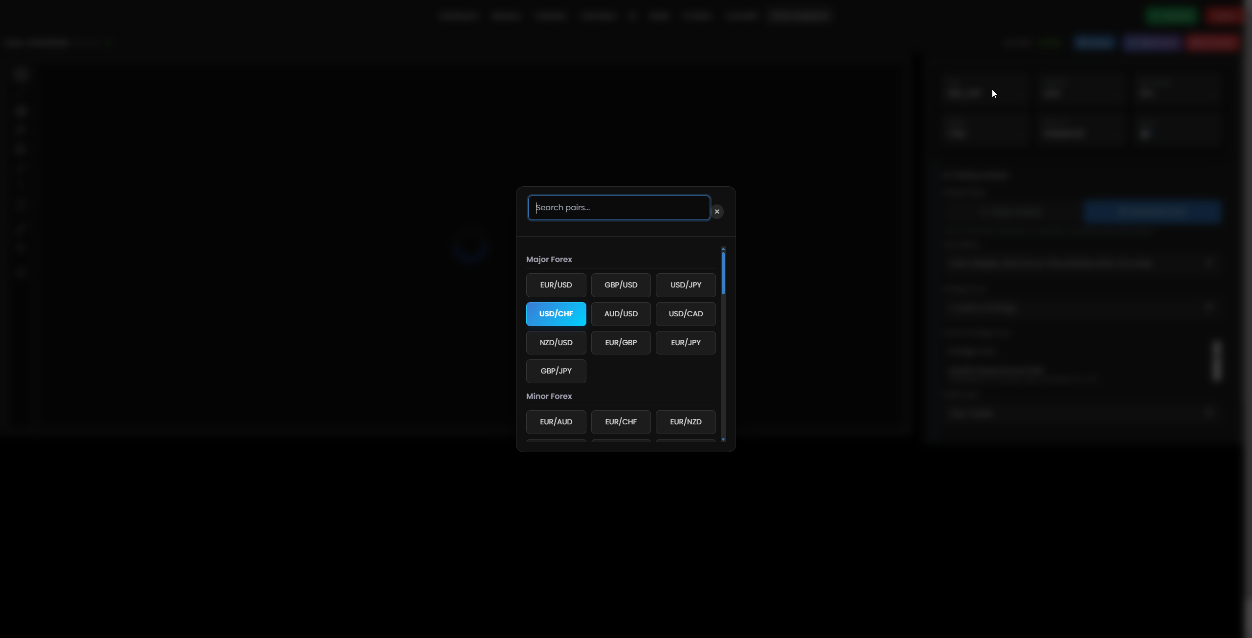 Selected Currency Pair - USD/CHF Trading Interface