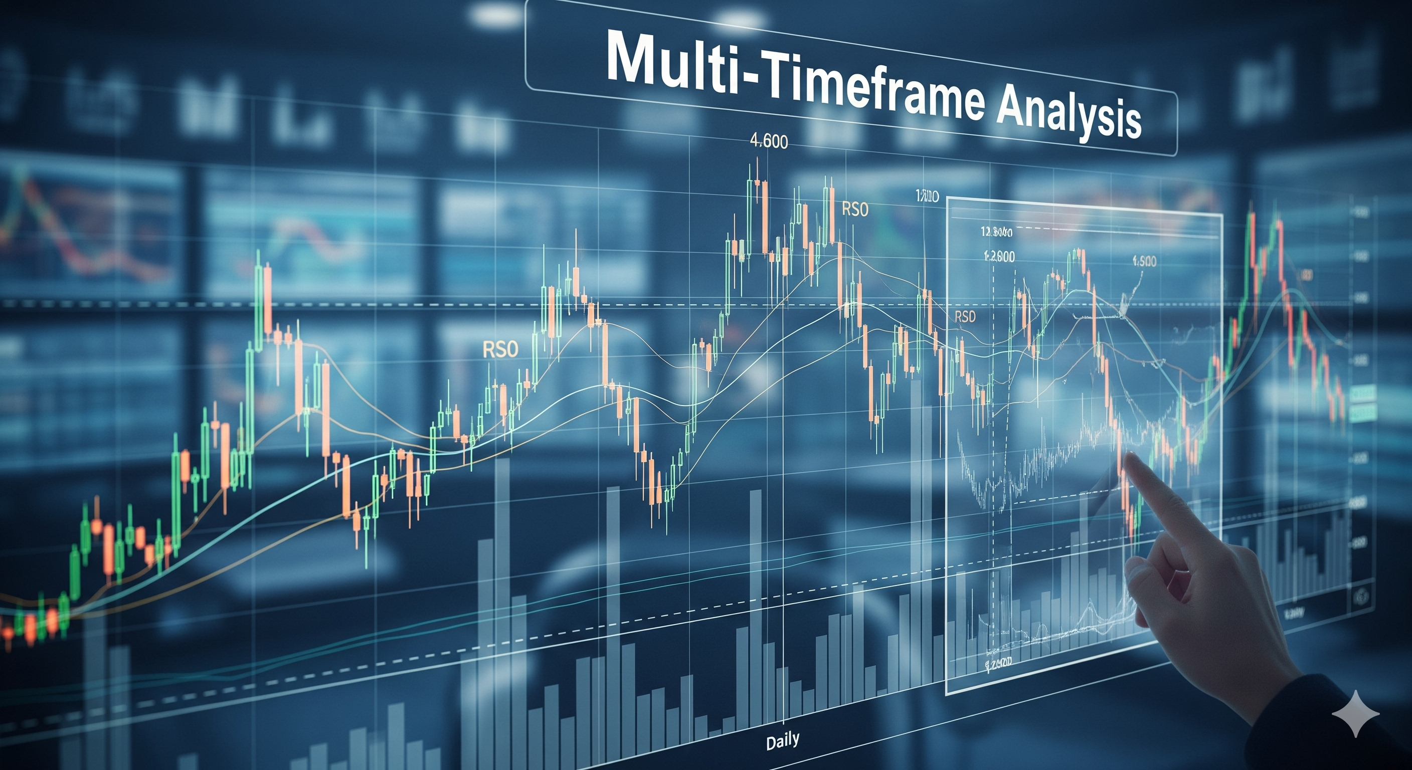 Multi-Timeframe Analysis visualization showing simultaneous analysis across daily, 4-hour, and 15-minute charts with OHLC data