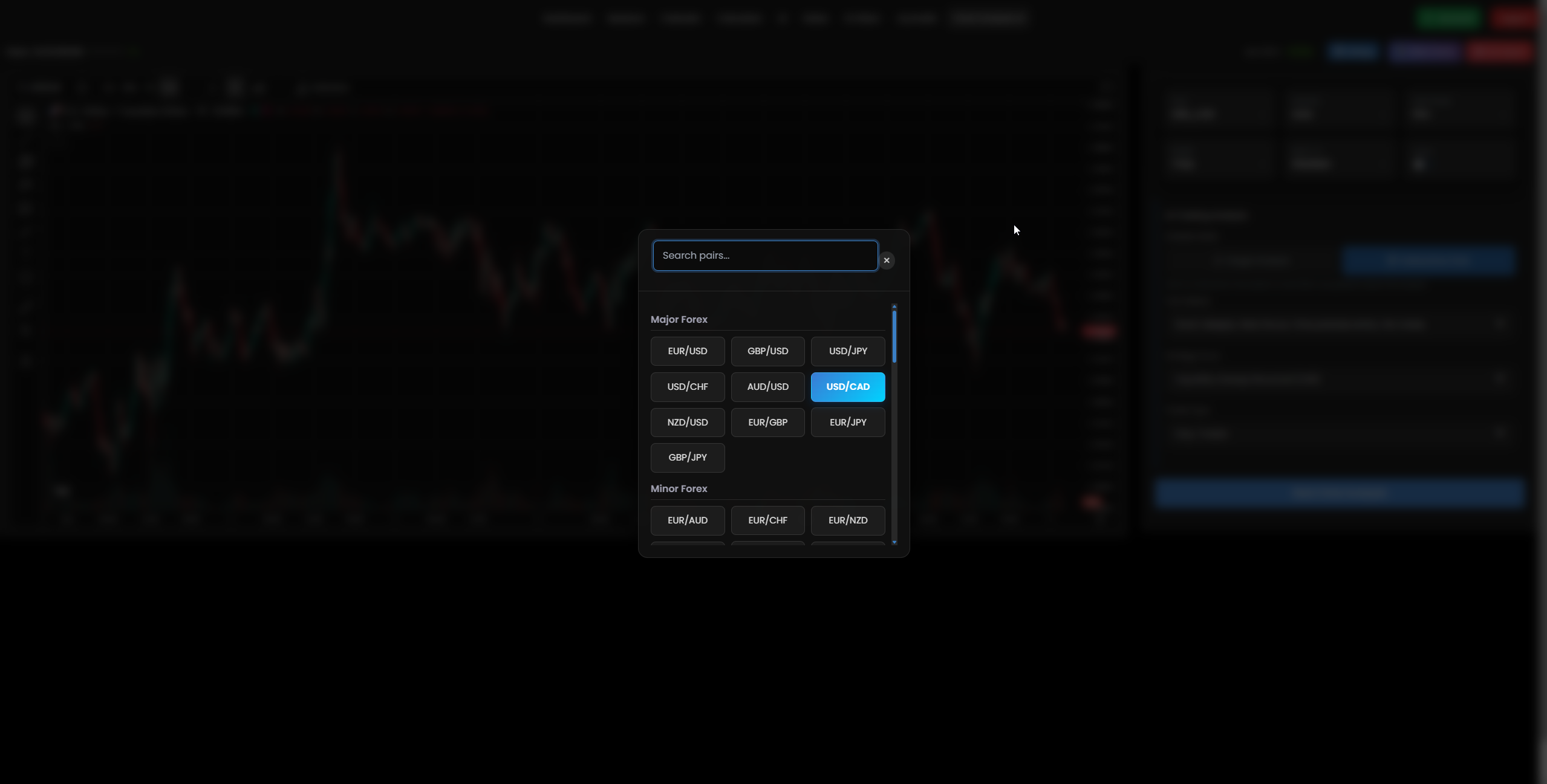 USD/CAD Currency Pair Selection Interface