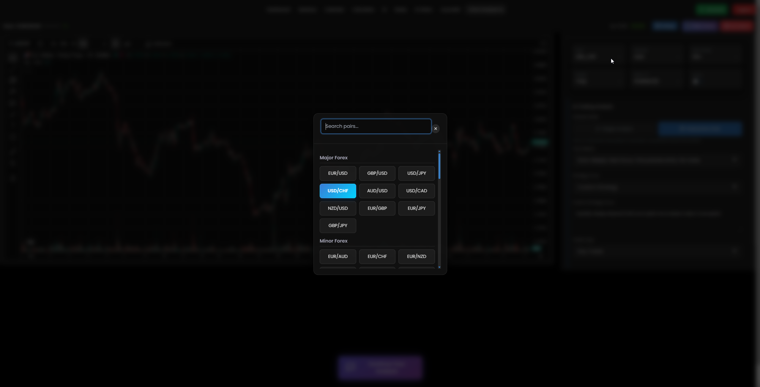 USD/CHF Currency Pair Selection Interface
